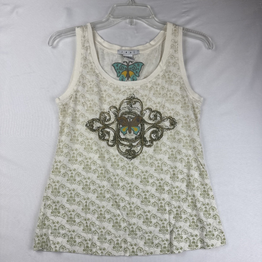 CAbi Tank Top Medium M Butterfly Embroidered Beaded Ivory Cream Sage Boho Chic